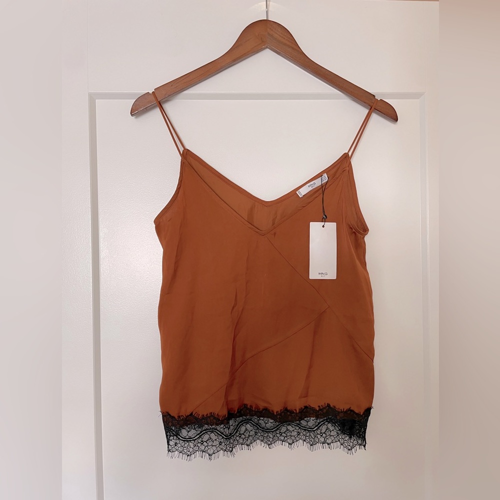 Mango Terracotta Cami with Black Lace Hem